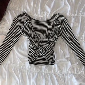 Black and White Striped Long Sleeve Crop Top